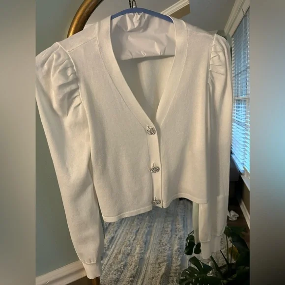 Girls Size XL Knit Long Puff Sleeve Jeweled Button Topper Cardigan - Picture 1 of 1